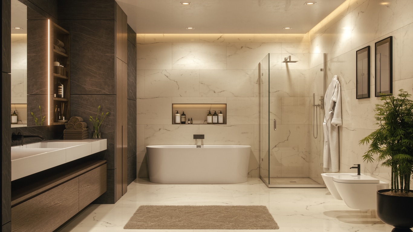 Luxurious Modern Bathroom Interior With Marble Finish and Soft Lighting Luxury bathroom remodel featuring a freestanding tub, glass shower enclosure, custom wood cabinetry, and modern marble finishes